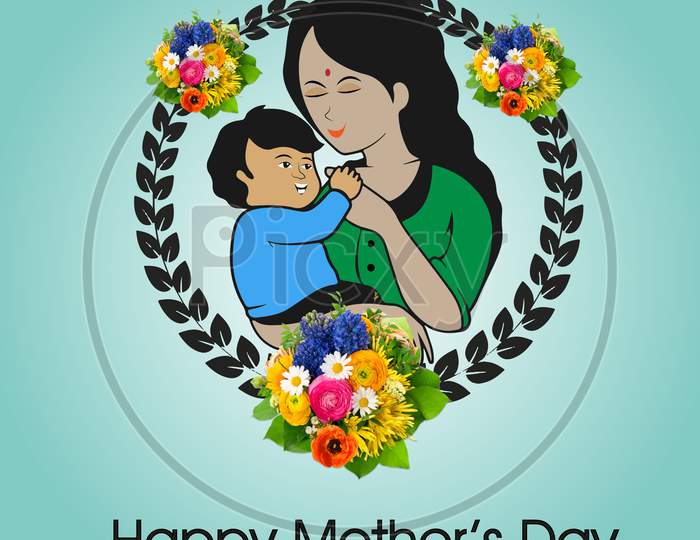Happy Mother`s Day. Greeting card with woman silhouette and baby silhouette