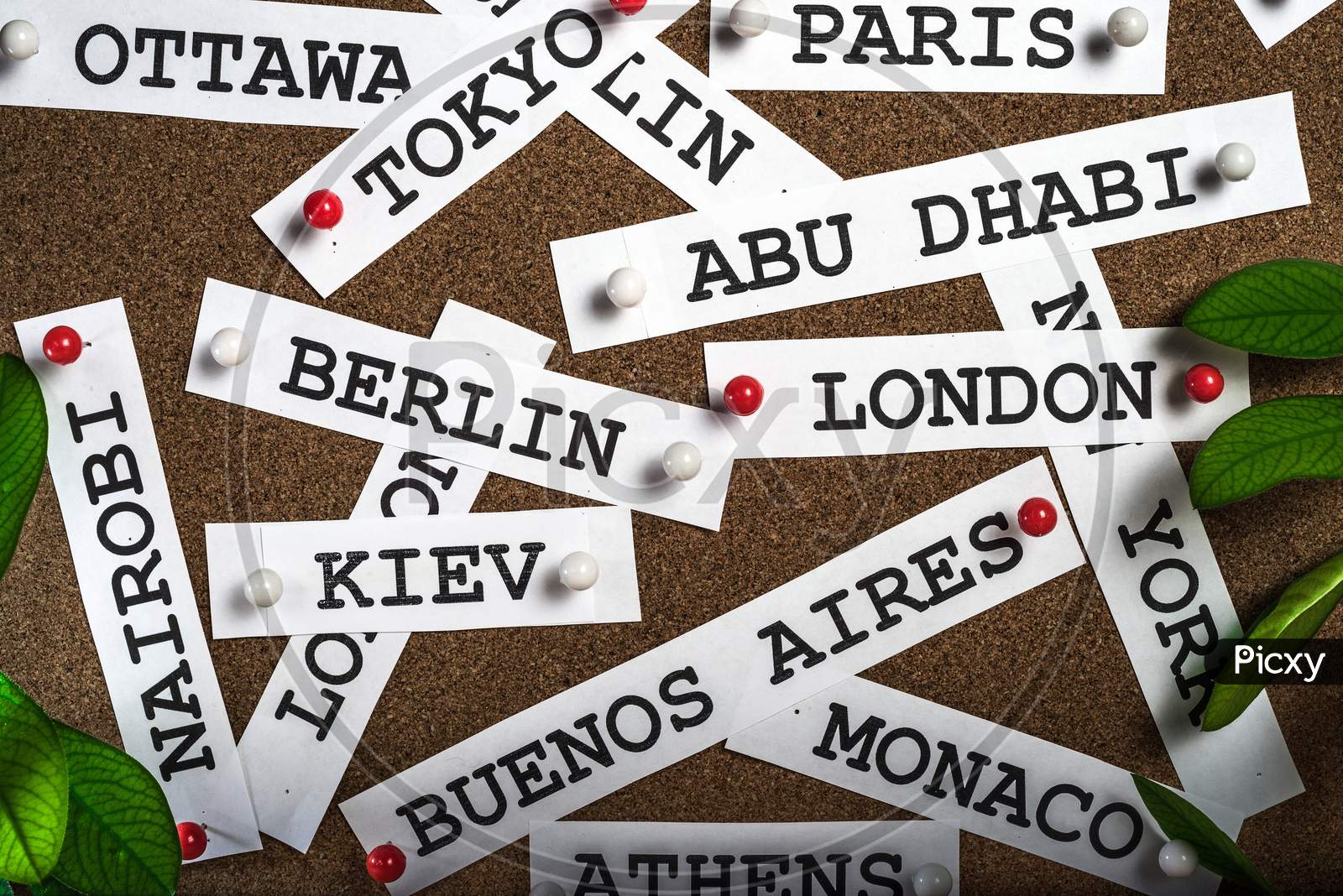 background created from the names of the capitals of the countries of the world on a cork surface