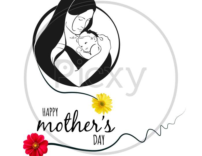 Mothers Day. Silhouette of a girl with a baby in her arms. Young and beautiful woman.