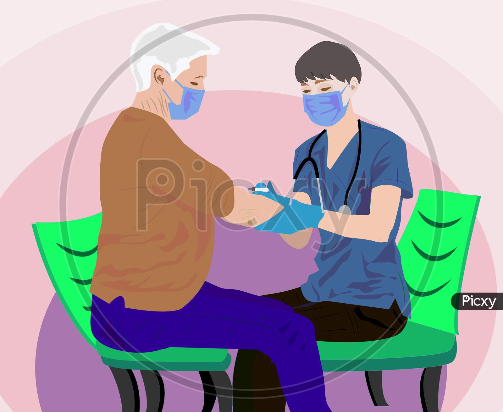 Vaccination of old people, senior woman getting a covid vaccine shot at home. Medical doctor vaccinating an elderly woman, physician or nurse giving injection against coronavirus