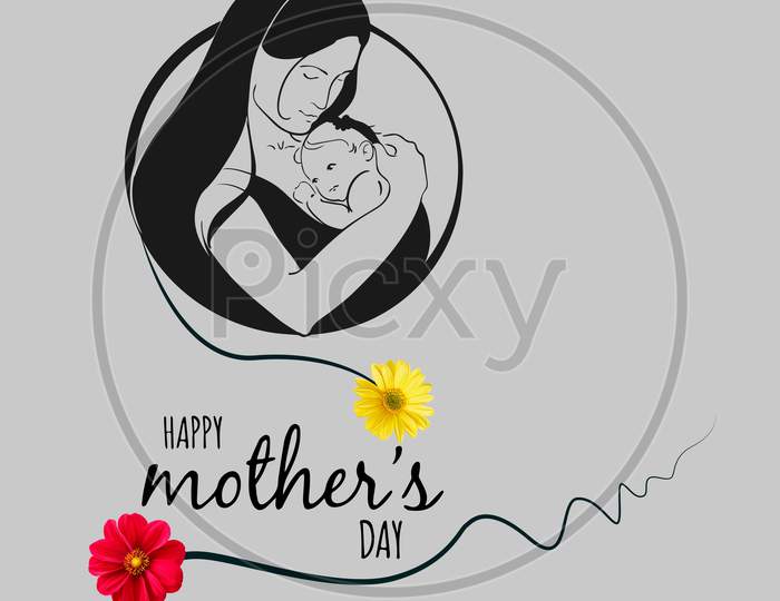 Mothers Day. Silhouette of a girl with a baby in her arms. Young and beautiful woman. Happy motherhood.