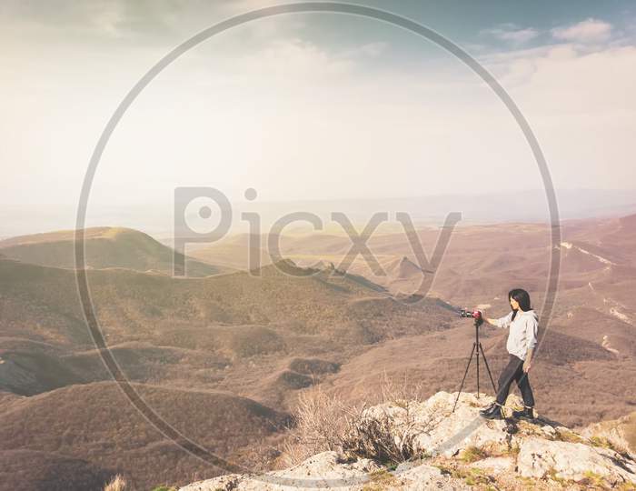 Aerial View Attractive Caucasian Woman Photographing Mountains With Dslr Enjoy Photography. Content Creator Amateur Photographer