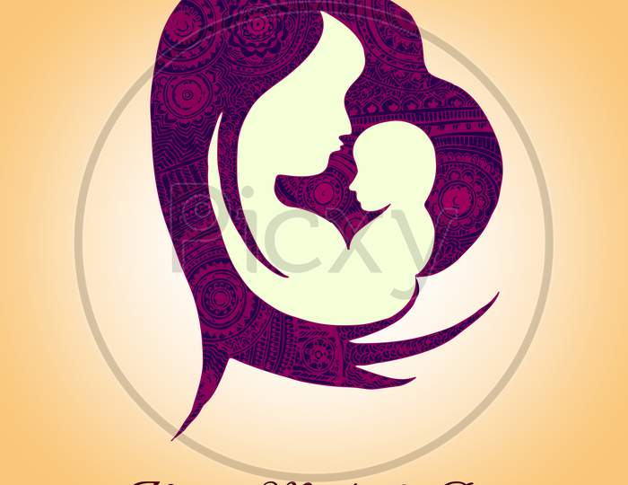 Happy mothers day greeting card template, stylized symbol of mom and baby mandala art concept