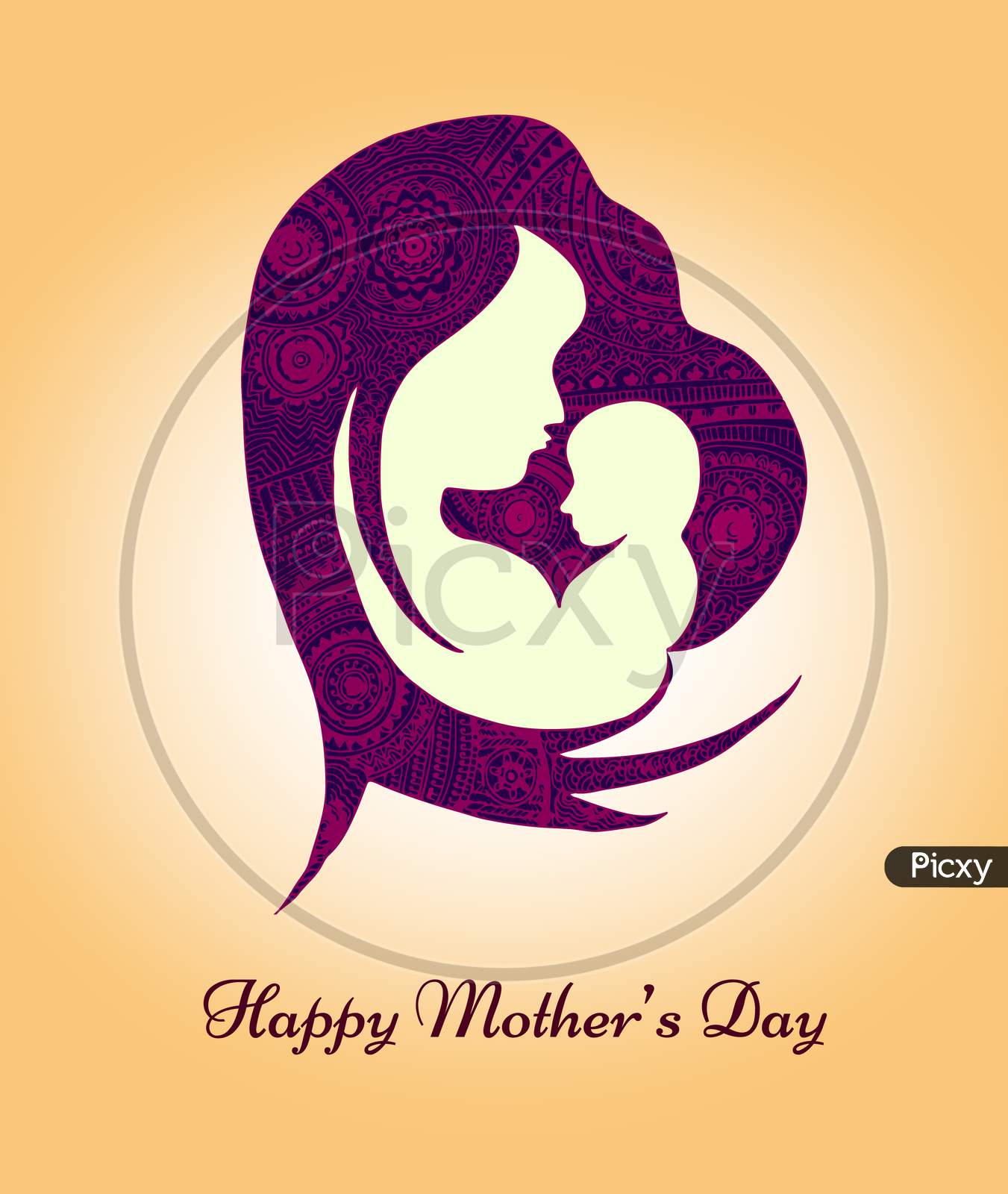 Happy mothers day greeting card template, stylized symbol of mom and baby mandala art concept