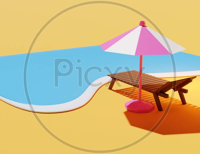 3D Illustration Of A Beach Chair  Under A Striped Parasol, On An Beach And Sea. Summer Vacation Concept By The Beach. Summer Minimalistic Background