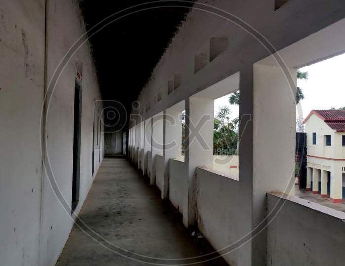 Empty Walkway In An Old School Corridor In An Indian Village Bihar