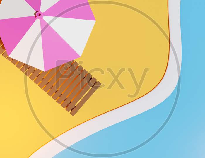 3D Illustration Of A Beach Chair  Under A Striped Parasol, On An Beach And Sea. Summer Vacation Concept By The Beach. Summer Minimalistic Background