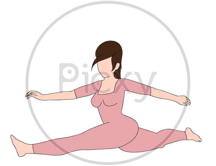 Busty Girl Stretching Legs Character Pose Illustrated On White Background