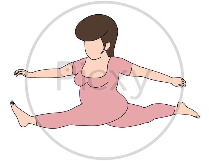 Fat Girl Stretching Legs Character Pose Illustrated On White Background