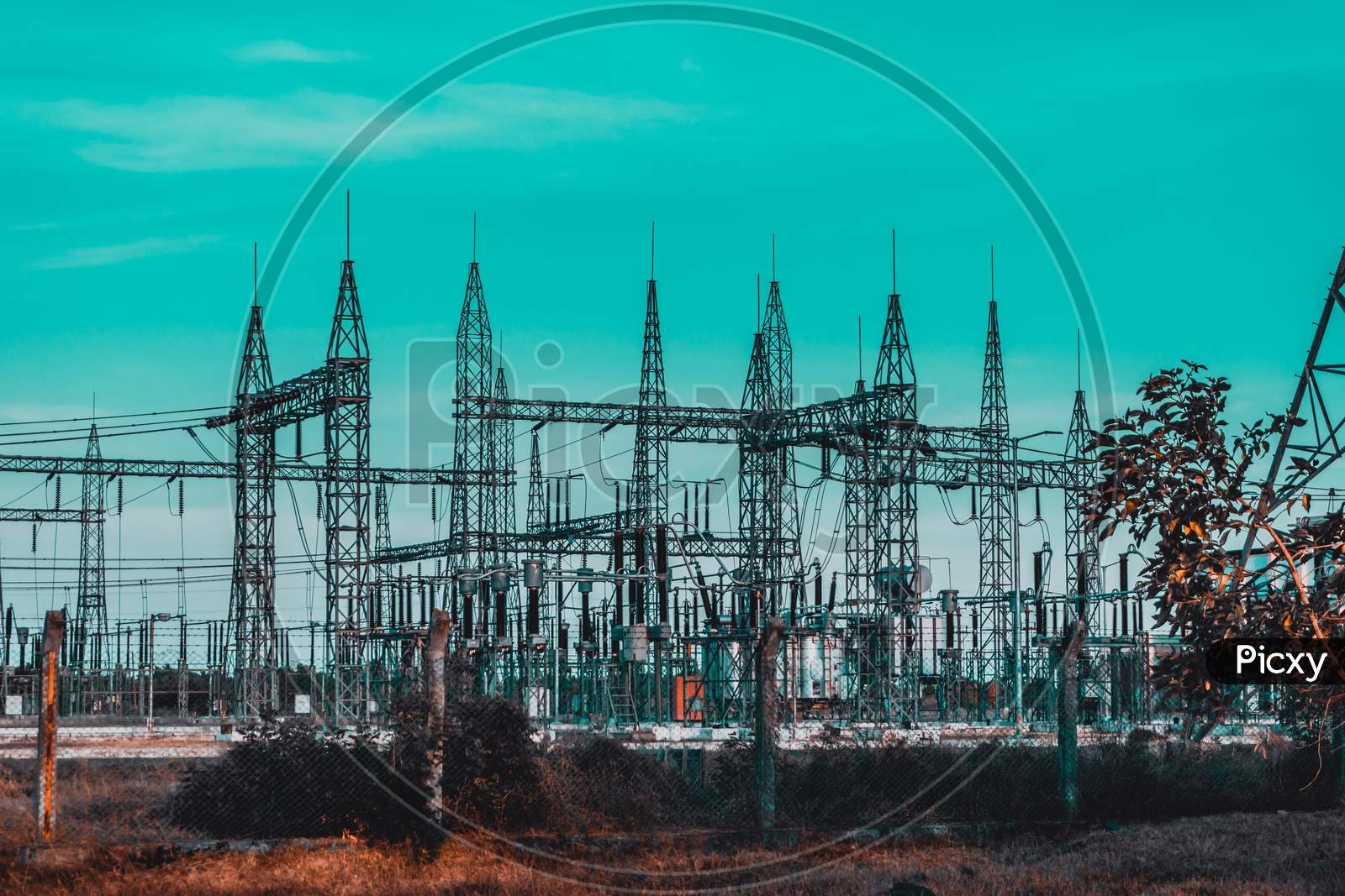 Image Of High Voltage Electrical Substation With Steel Frames Insulators And Electricity