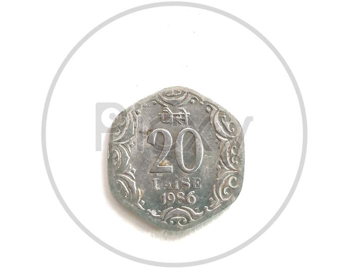 Indian 20 paisa coin of 1986