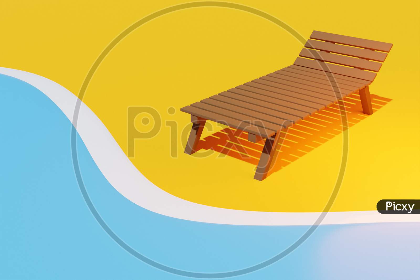 3D Illustration Of A Summer Beach. Seaside With A Sun Lounger On The Sand. Summer Background Illustration For Beach Holiday