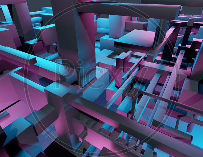 3D Illustration Of A Pattern In The Geometric Form . Abstract Graphics In The Style Of Computer Games. Close Up Of The Pink And Blue Cyber Armor On Neon Lights