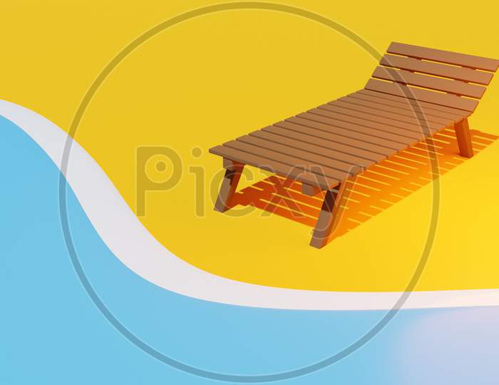 3D Illustration Of A Summer Beach. Seaside With A Sun Lounger On The Sand. Summer Background Illustration For Beach Holiday