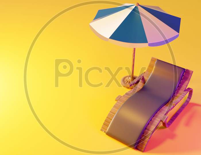 3D Illustration Of A Beach Chair  Under A Striped Parasol, On An Beach. Summer Vacation Concept By The Beach. Summer Minimalistic Background