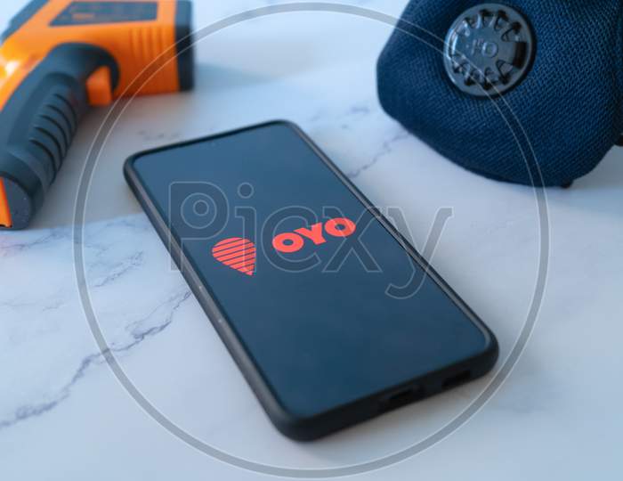 Indian Startup Unicorn Invested Company Oyo Rooms Which Is In The Travel And Hospitality Industry Which Has Geared For The Coronavirus Covid19 Pandemic With Thermometer And Masks For Safety