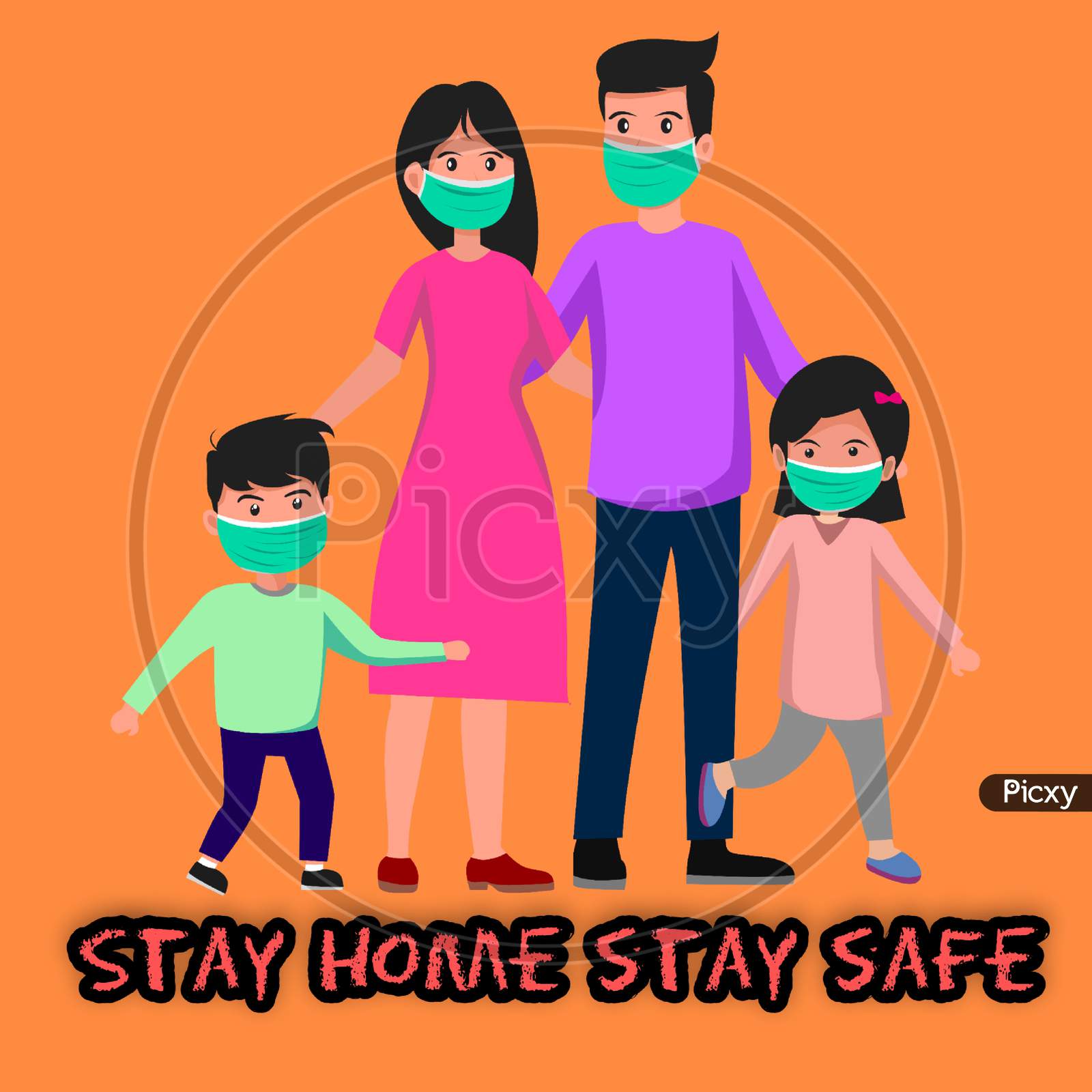 A creative beautiful family cartoon design in stay safe stay home