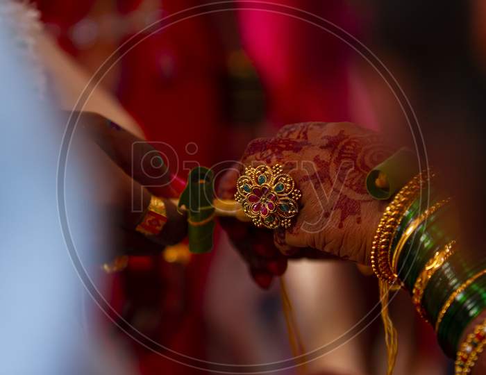 Brides Hands With Ring Showing. Indian Wedding.