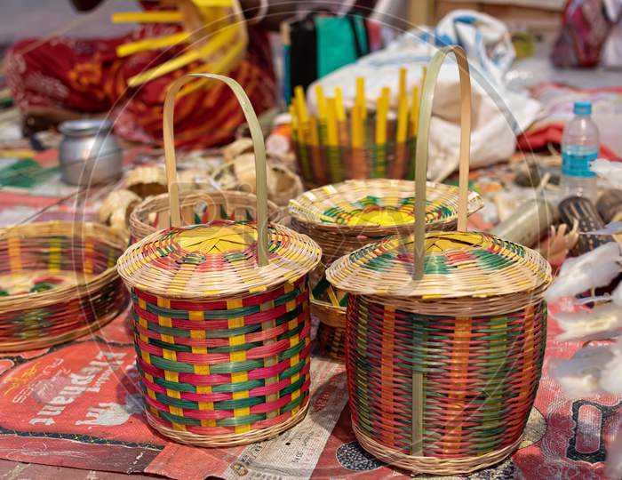 Beautiful Handmade Flower Basket Made By Bamboo Is Displayed In A Shop For Sale In Blurred Background. Indian Handicraft