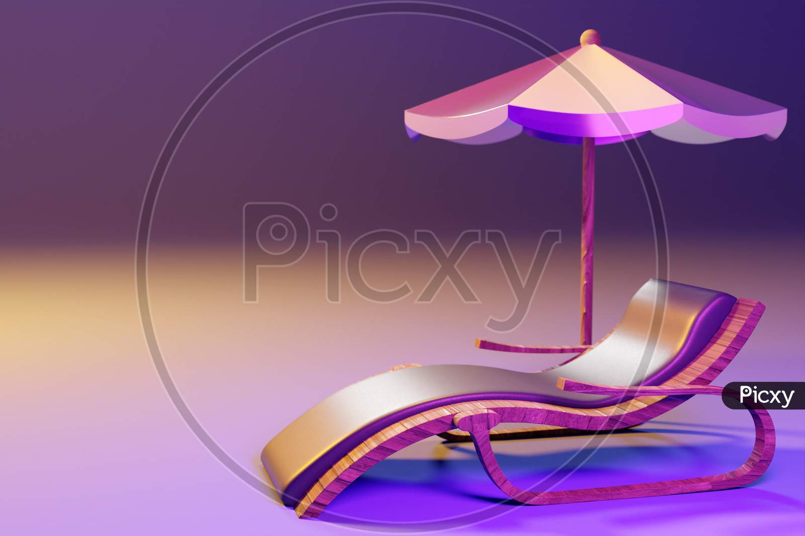 3D Illustration Of A Summer Beach. Seaside With A Sun Lounger On  Purple Neon Background. Summer Background Illustration For Beach Holiday