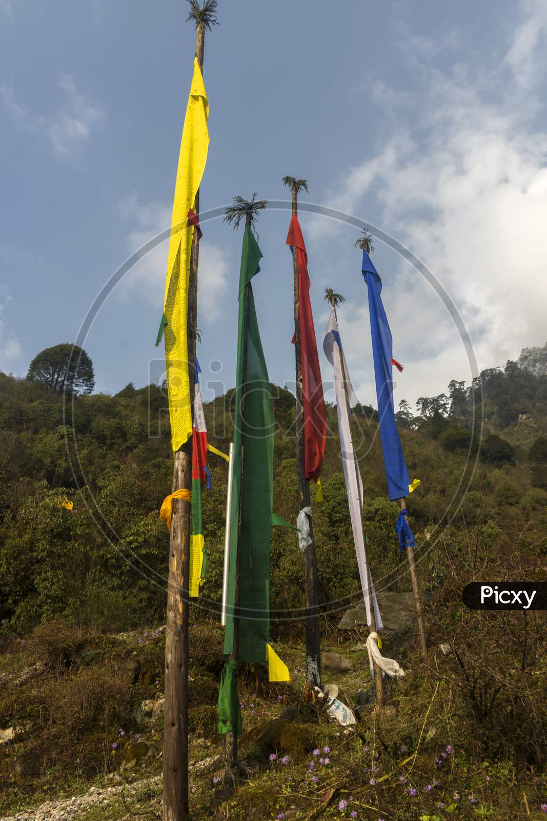 Multicolored Prayer Flags And Beautiful Green Mountain In Background.