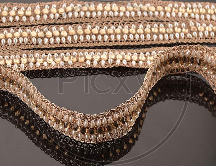 Metallic Ribbon Gold Kundan Lace Indian Laces Beaded Trim Ribbon Trim Trimmings Embellished Mirror work Saree Border