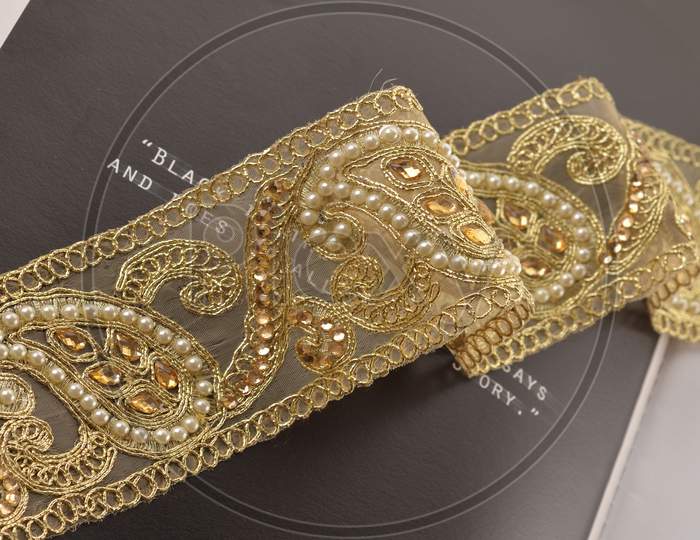Metallic Ribbon Gold Kundan Lace Indian Laces Beaded Trim Ribbon Trim Trimmings Embellished Mirror work Saree Border