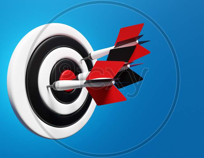 3D Illustration Of A Round Black And White Target With An Arrows On A Blue Isolated Background.  Target, Arrow, Idea Concept, Perfect Hit, Winner. Darts Game