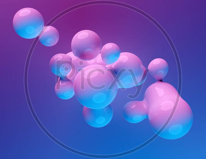 3D Illustration Of A Neon Metaball With A Huge Number Of Parts On A Blue Background. Digital Metaball Background Of Flying Overflowing Into Each Other Shiny Spheres.
