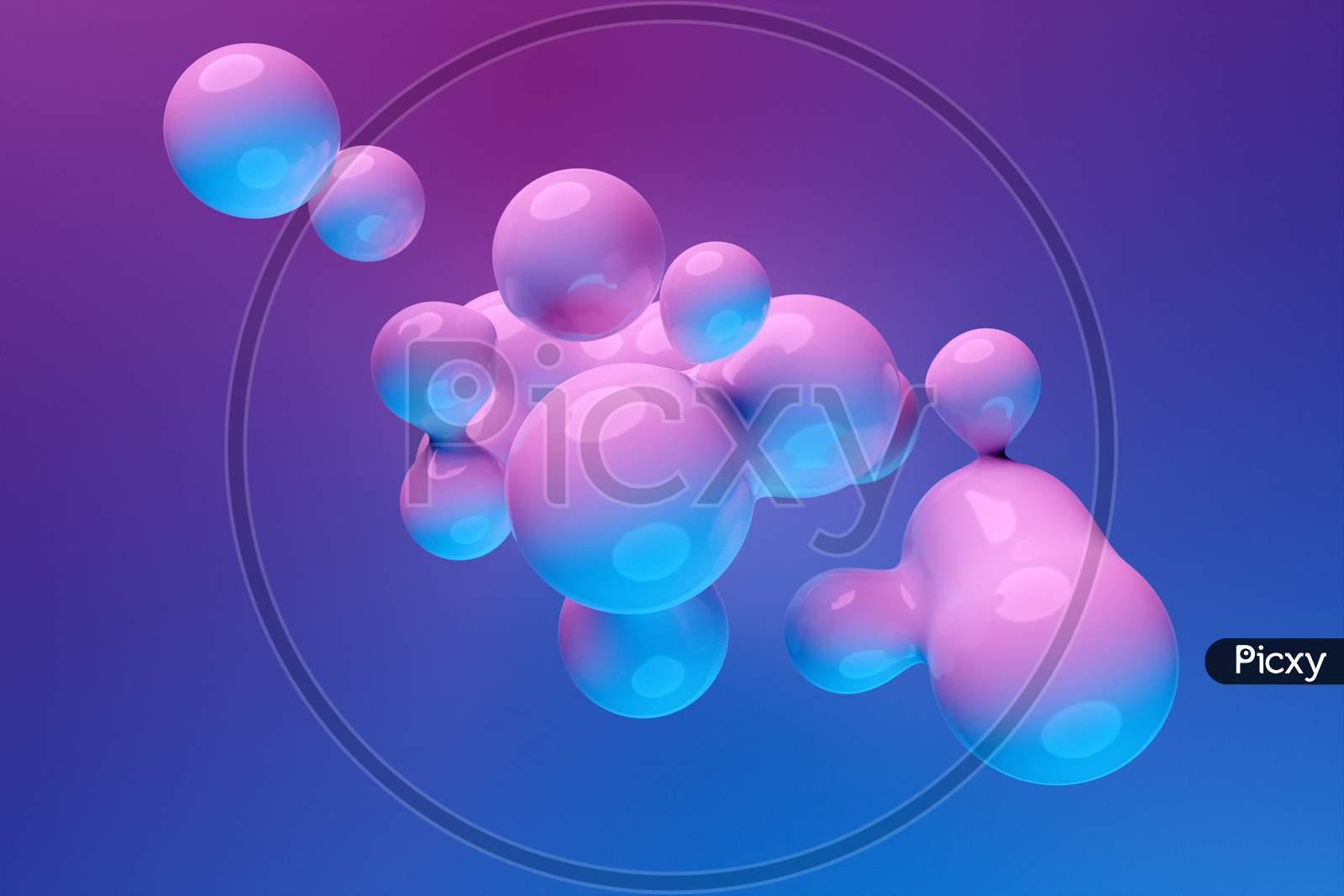 3D Illustration Of A Neon Metaball With A Huge Number Of Parts On A Blue Background. Digital Metaball Background Of Flying Overflowing Into Each Other Shiny Spheres.