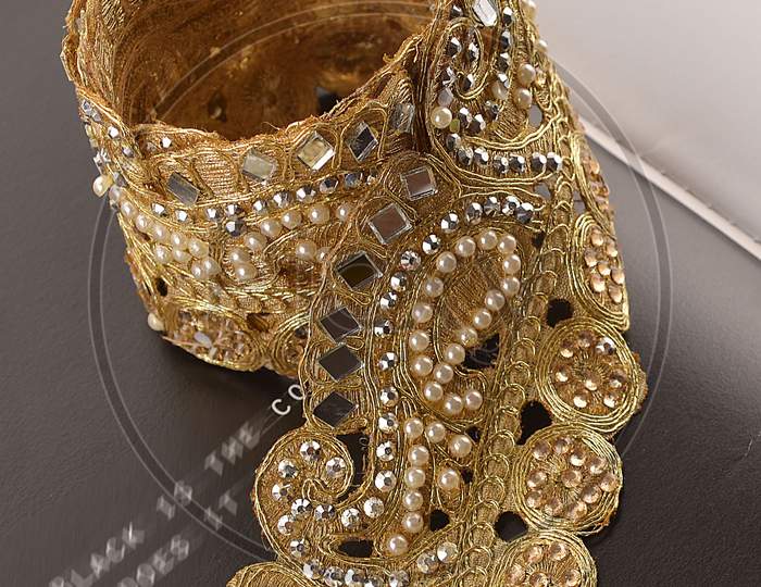 Bridal Antique Gold Zari Stone Kundan Mirror Scarf Sari Lace, Dupatta Border Saree Border Indian trim