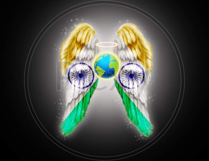 Indian Flag Painted Over Angel Wings.Earth Angel Illustration.