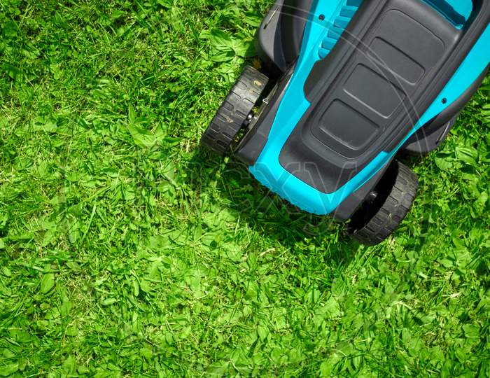 Close-Up Electric Lawn Mower, Mowing Grass, Lawn, Paths. Gardener Trimming The Garden.