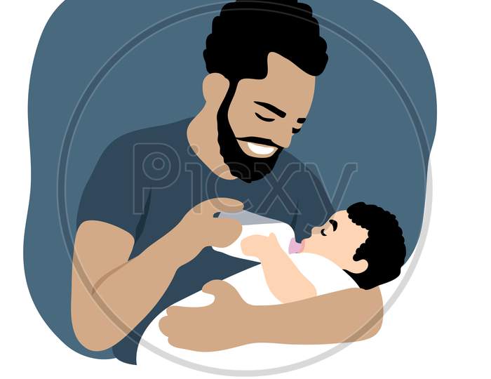 Dad Black Hair Feeding Baby