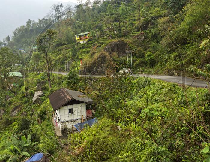 A Small Road Side Hut On The Way To Lachung, Sikkim With Lots Of Greenery.