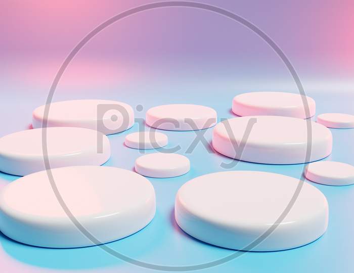 3D Illustration Of A   Many White  Scenes From A Circle  On A  Pink-Blue  Background. A Close-Up Of A Round Monocrome Pedestal.