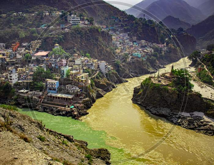 June 16 2019 Devparyag, Uttrakhand, India. Devprayag is one of the Panch Prayag, It is the point of confluence of rivers Alaknanda which originated from Satopanth Glacier, and Bhagirathi which originated from Gangotri Glacier(Gaumukh) which merge together and later know as Ganga.