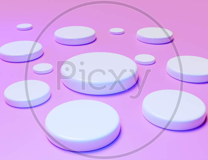 3D Illustration Of A   Many White  Scenes From A Circle  On A  Pink  Background. A Close-Up Of A Round Monocrome Pedestal.