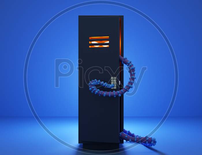 A Creepy Monster With Glowing Eyes And Tentacles Like An Octopus Peeks Out From Behind The Door Of A Safe, A School Clothes Stall On A Blue Background. 3D Rendering