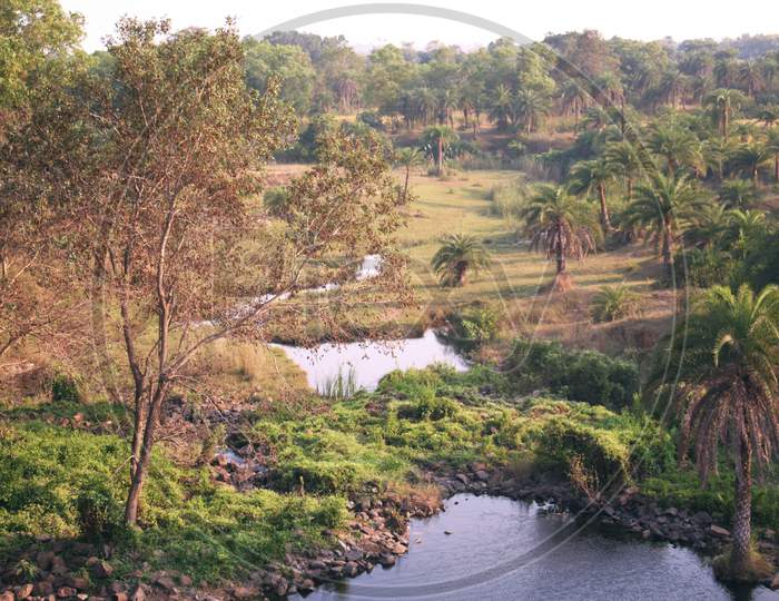 Blue Water Stream Flowing From The Middle Of The Agricultural Land With Green Surroundings