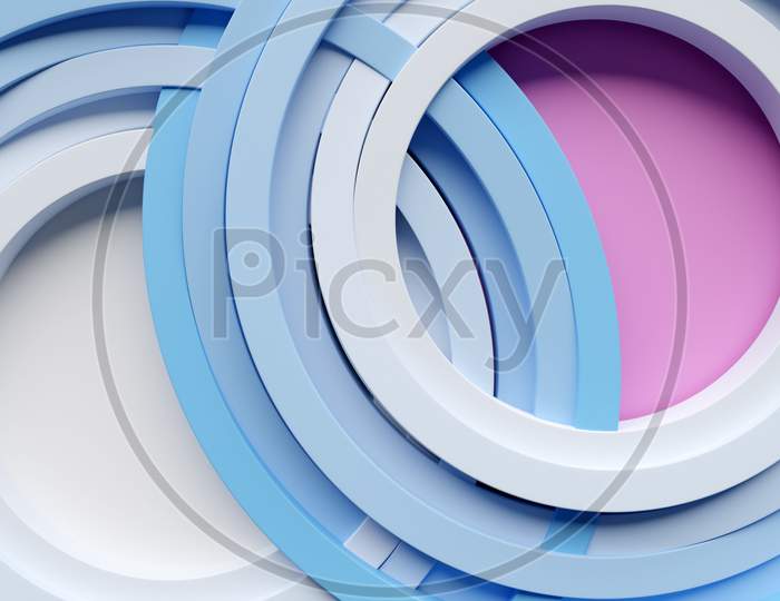 3D Rendering Abstract Blue-White Round Fractal, Portal. Monocrome Round Spiral.