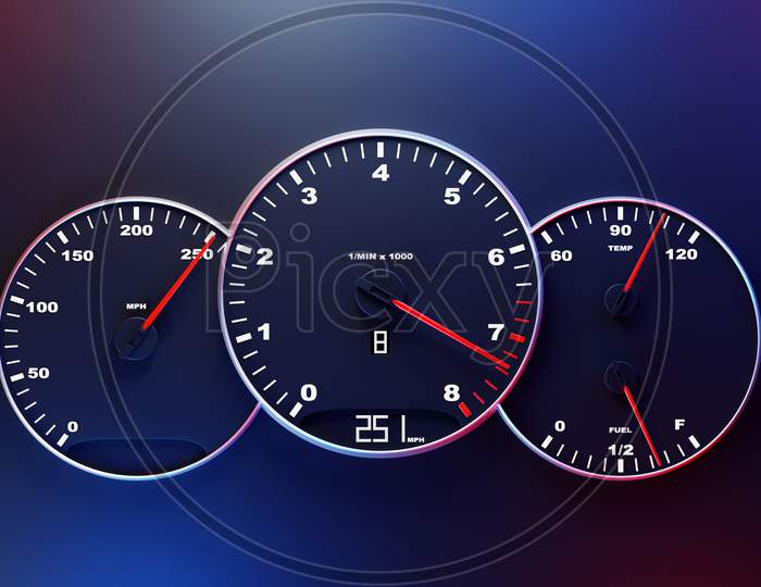 3D Illustration Of The Close Up Instrument Automobile Panel With Odometer, Speedometer, Tachometer  On Black Isolated Background