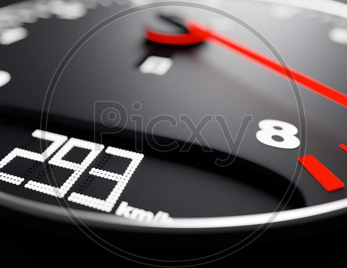 3D Illustration Of The New Car Interior Details. Speedometer Shows A Maximum Speed Of 293 Km  H. Design And Interior Of A Modern Car.
