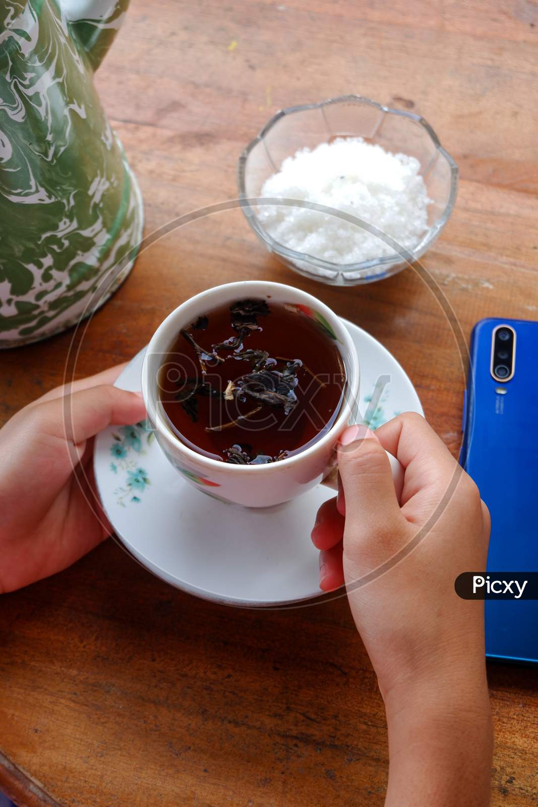 Photo Of Coffee Drinks, Tea And Colored Drinks And Smartphones On A Wooden Table