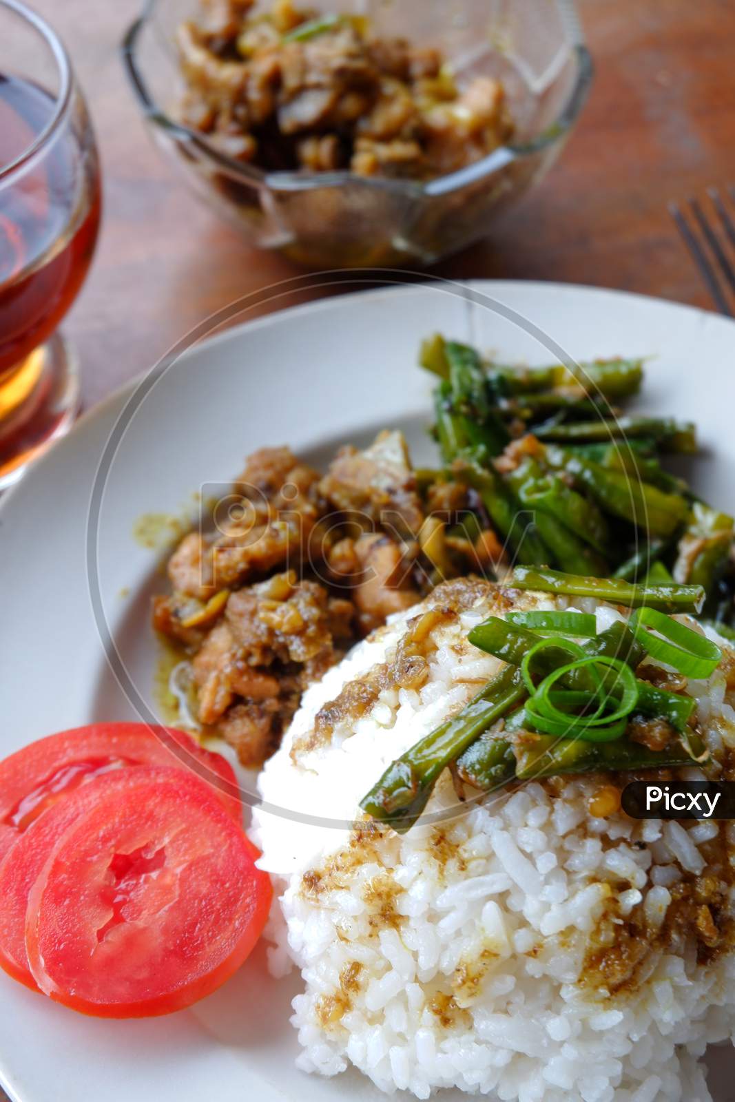 Heavy Food Photos Include Rice, Peanuts, Meat And Tea