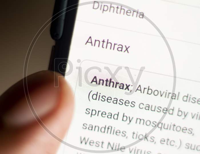 Anthrax News On The Phone.Mobile Phone In Hands. Selective Focus And Chromatic Aberration Effects.