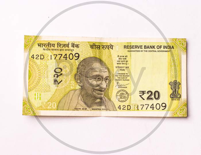 Assam, india - March 30, 2021 : Indian new 20 Rupees note stock image.