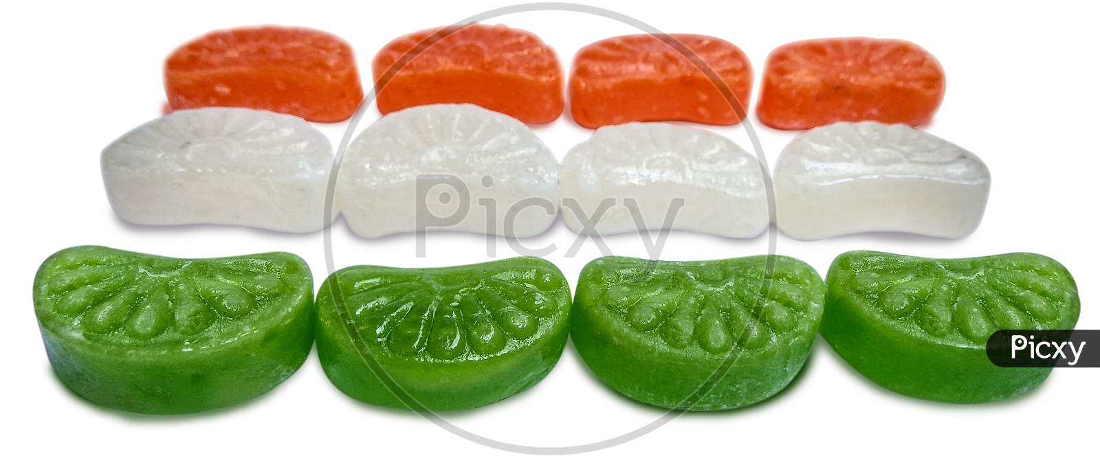 Beautiful Candy Gems on White in the shape of Indian Flag colours