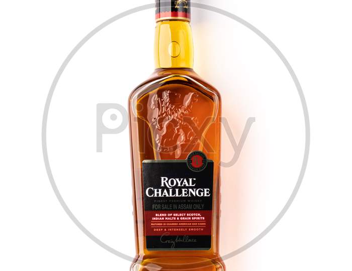 Assam, india - April 18, 2021 : Royal challenge whisky bottle stock image.