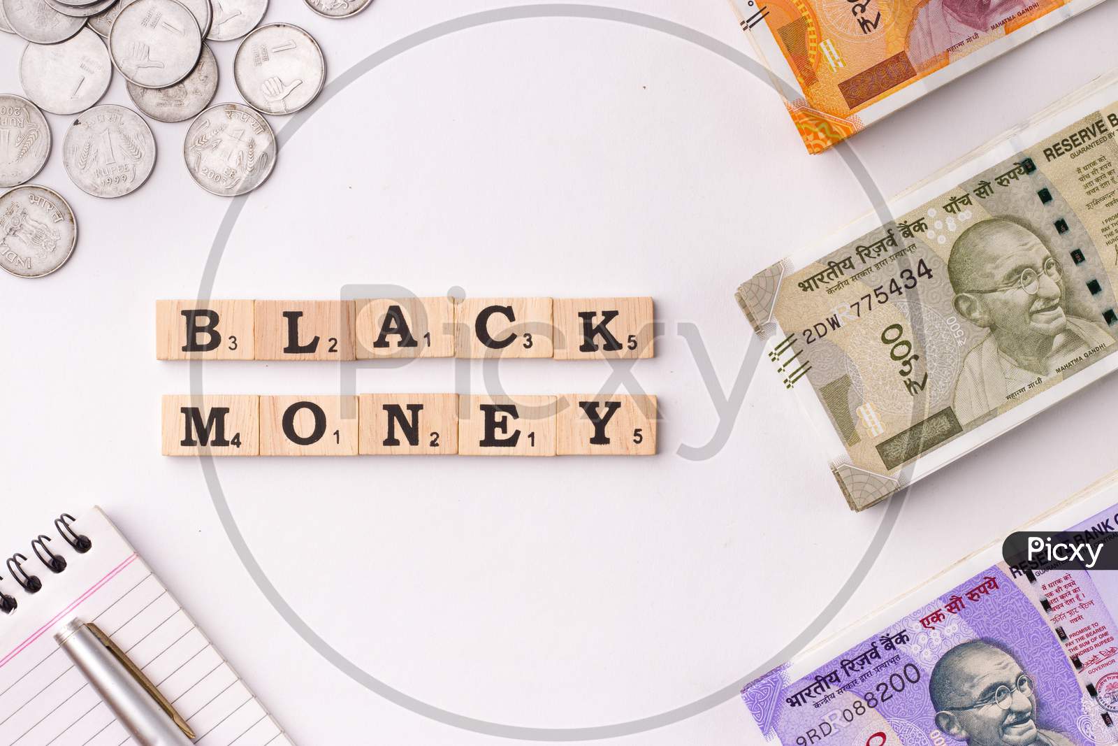 Assam, india - March 30, 2021 : Word BLACK MONEY written on wooden cubes stock image.